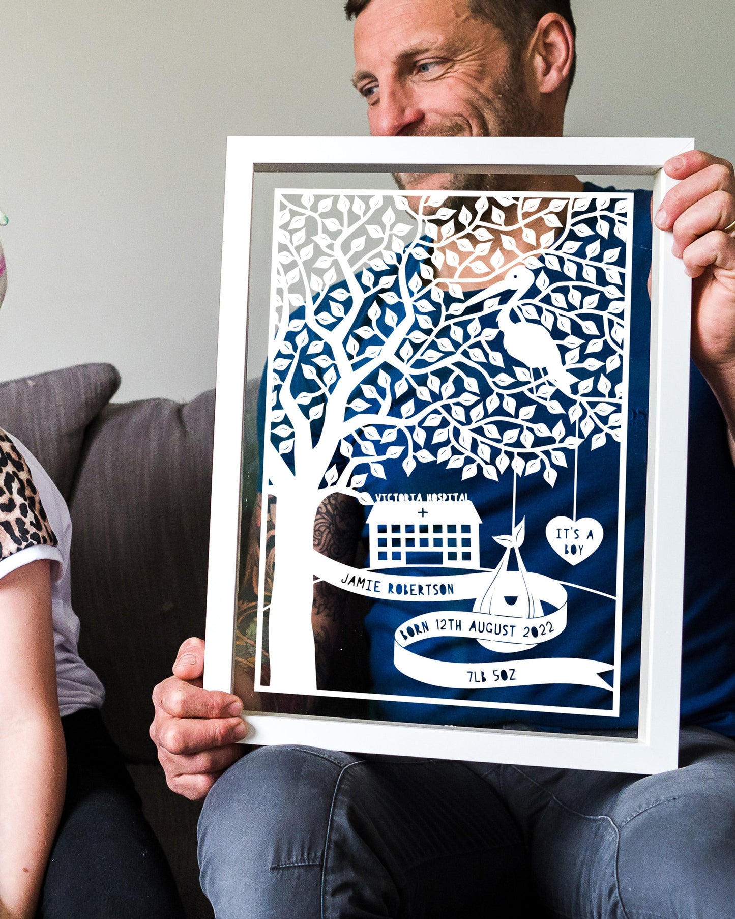 Personalised New Baby Tree and Stork Papercut