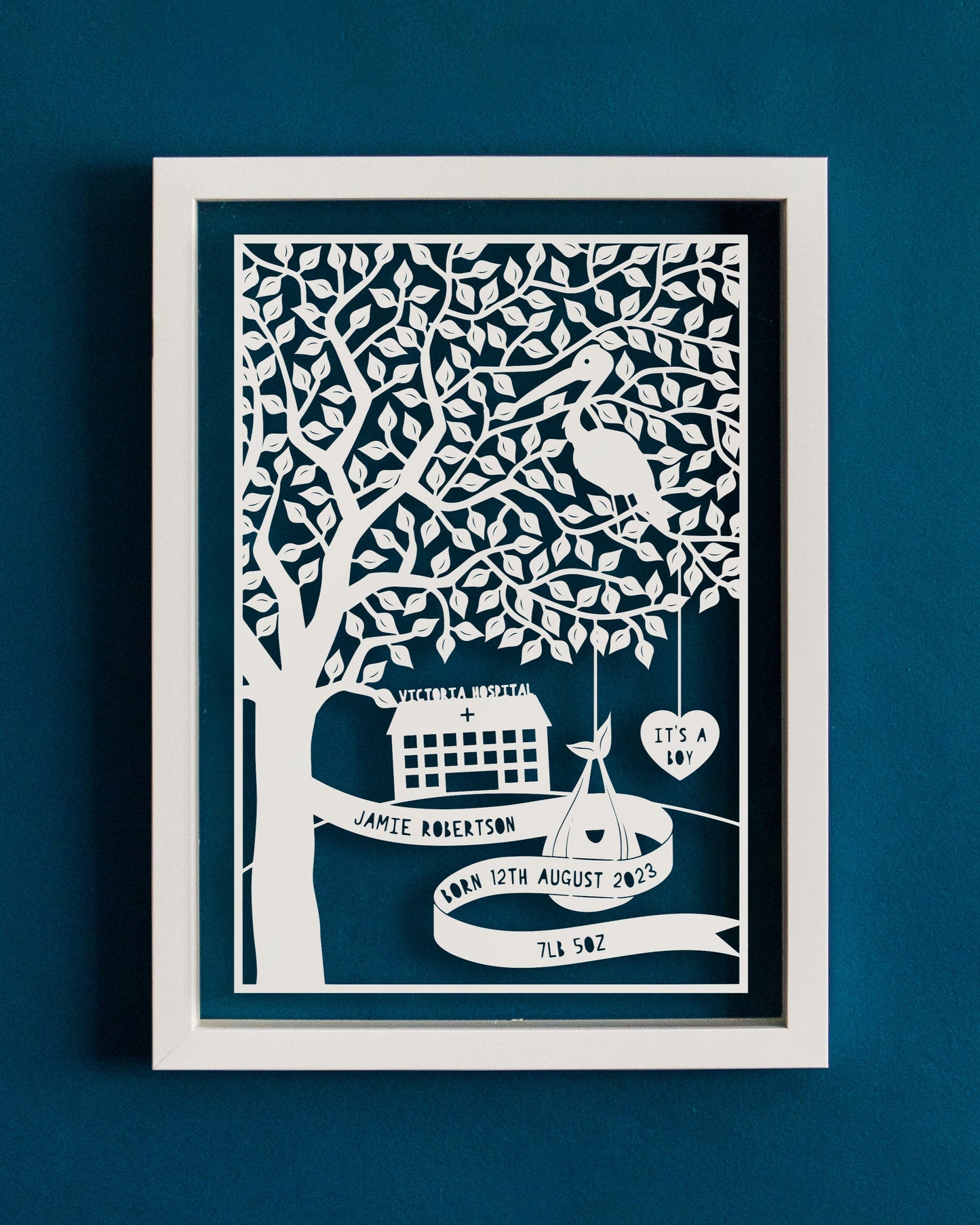 Personalised New Baby Tree and Stork Papercut