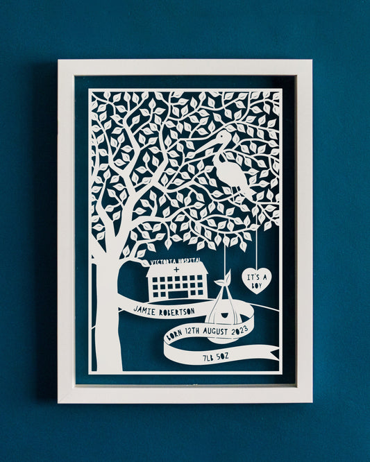 Personalised New Baby Tree and Stork Papercut